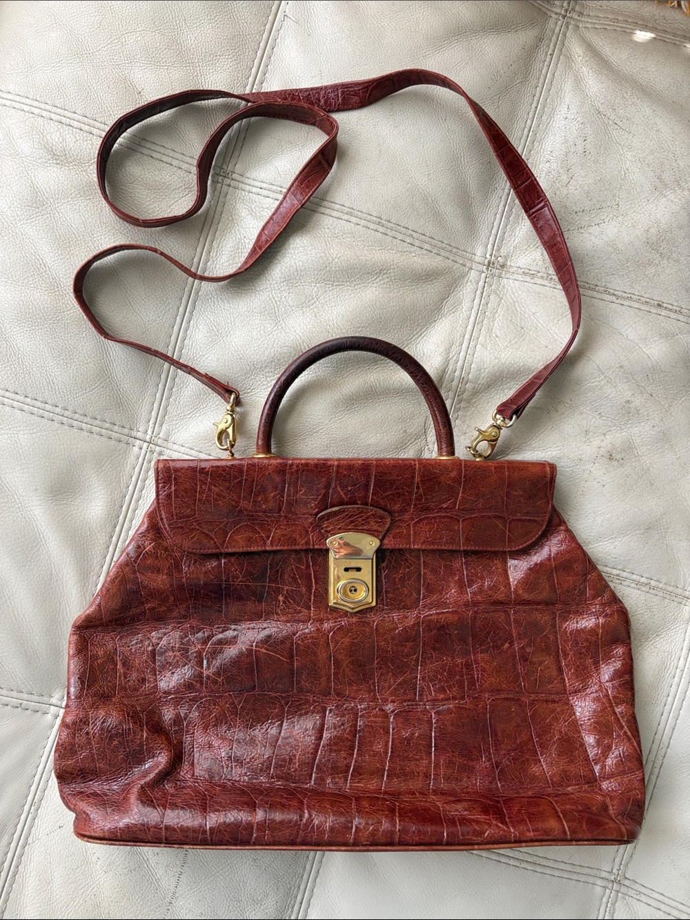 VTG Picard Germany Croc Embossed Leather Top Handle Satchel Bag 90s